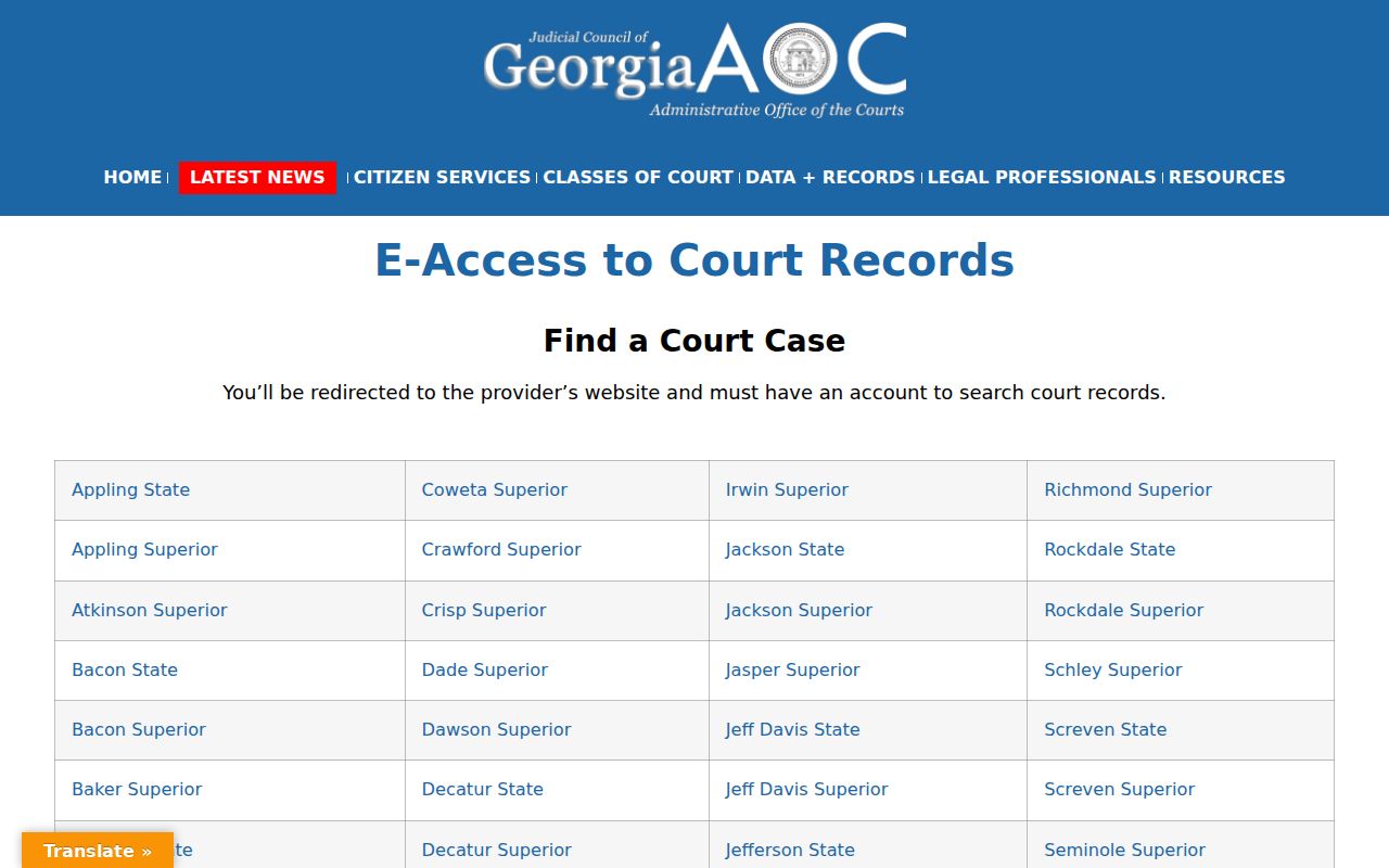 Georgia court access page used to locate Coweta County court records