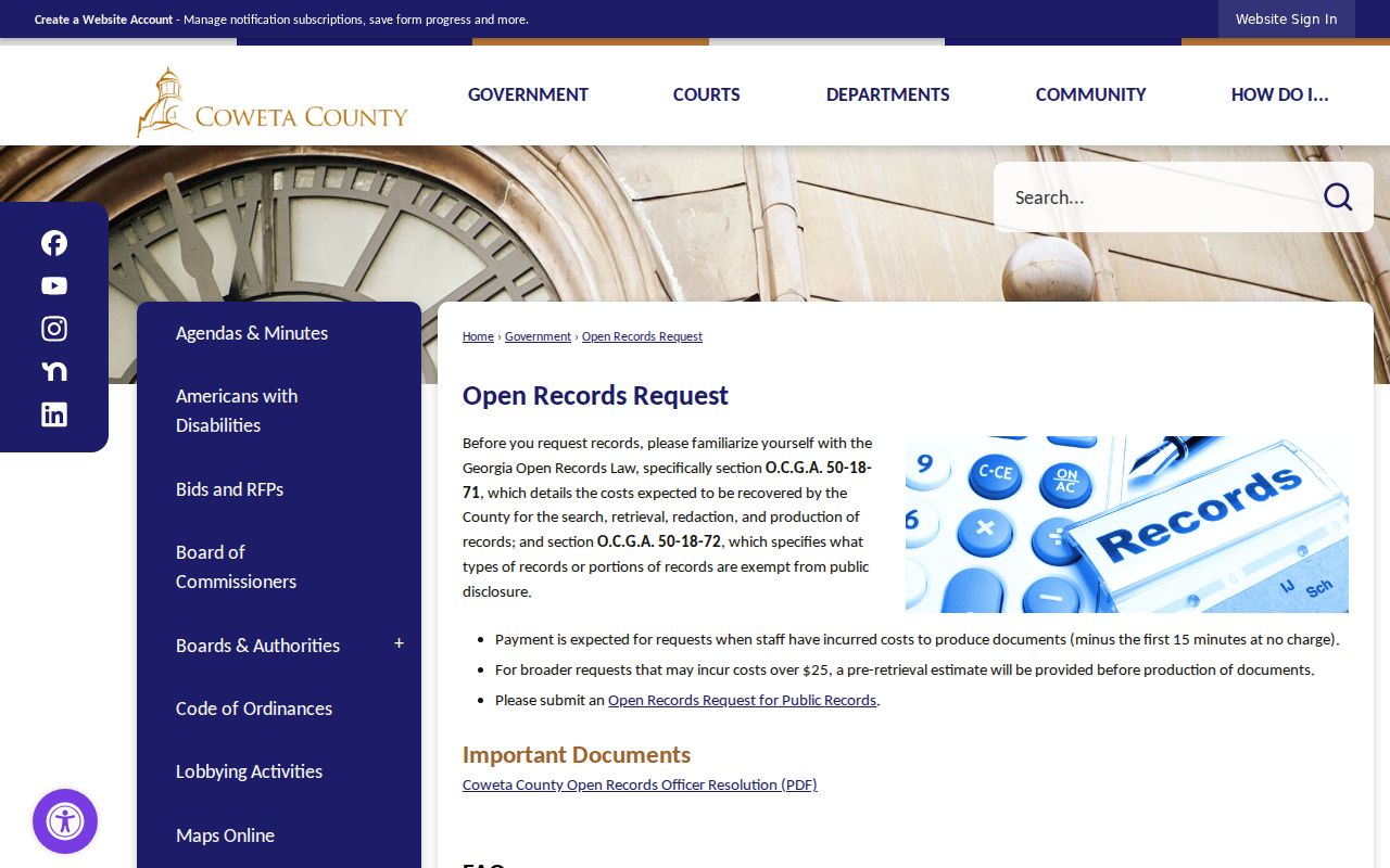 Coweta County Open Records Act request and cost rules