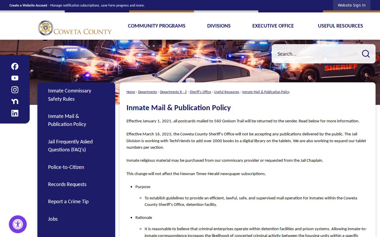Coweta Jail inmate correspondence and digital publication policy
